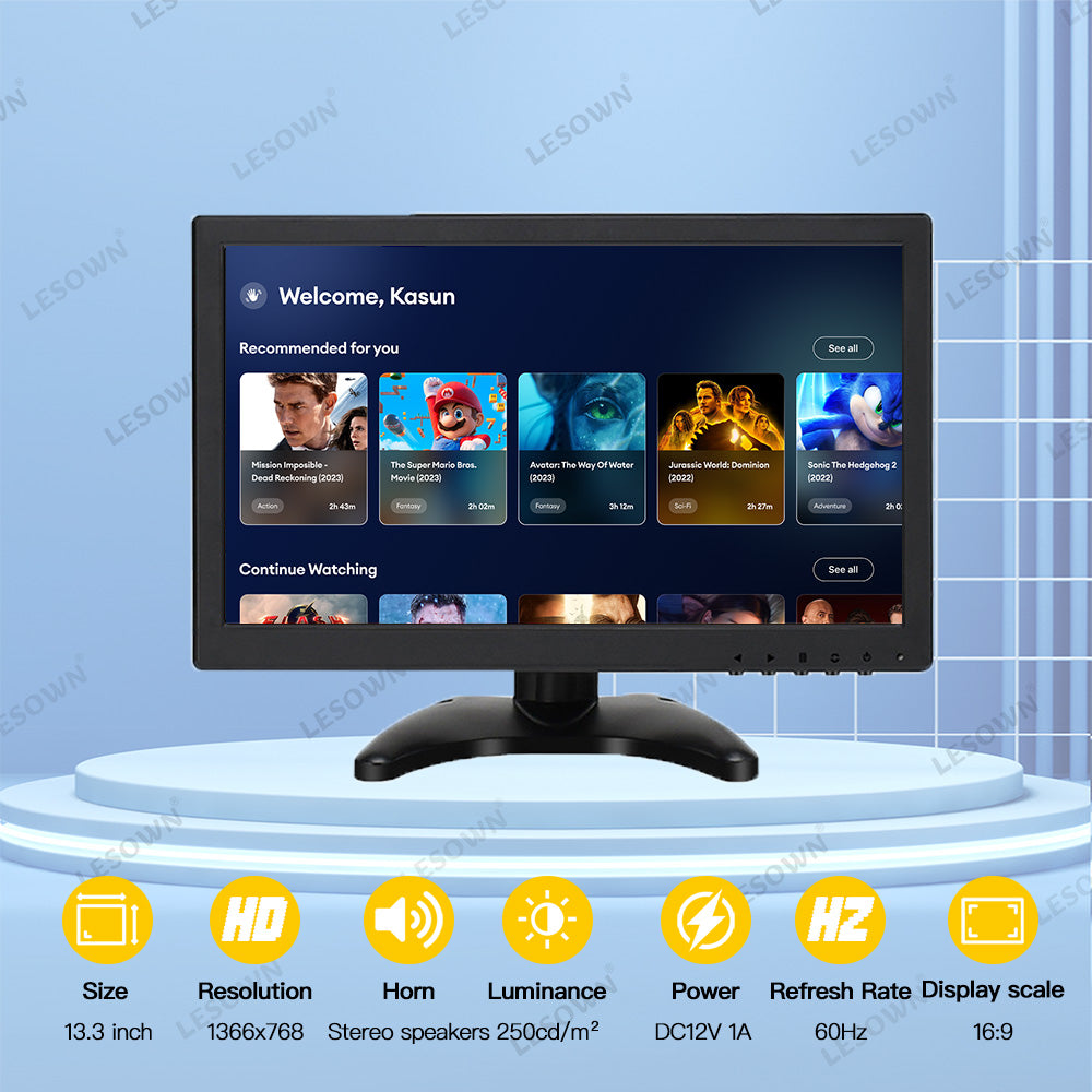 LESOWN N133 Widescreen 13.3 inch Full HD 1920x1080 IPS Screen LCD Monitor Video Input with Speakers