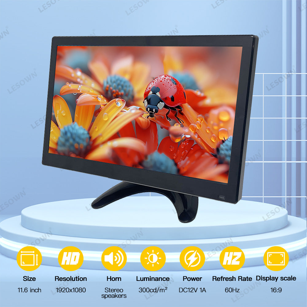LESOWN N116 Small Size 11.6 inch 1080p Widescreen LCD VGA HDMI VESA Monitor 1366x768 IPS Resistive Touch Display Built-in Speakers