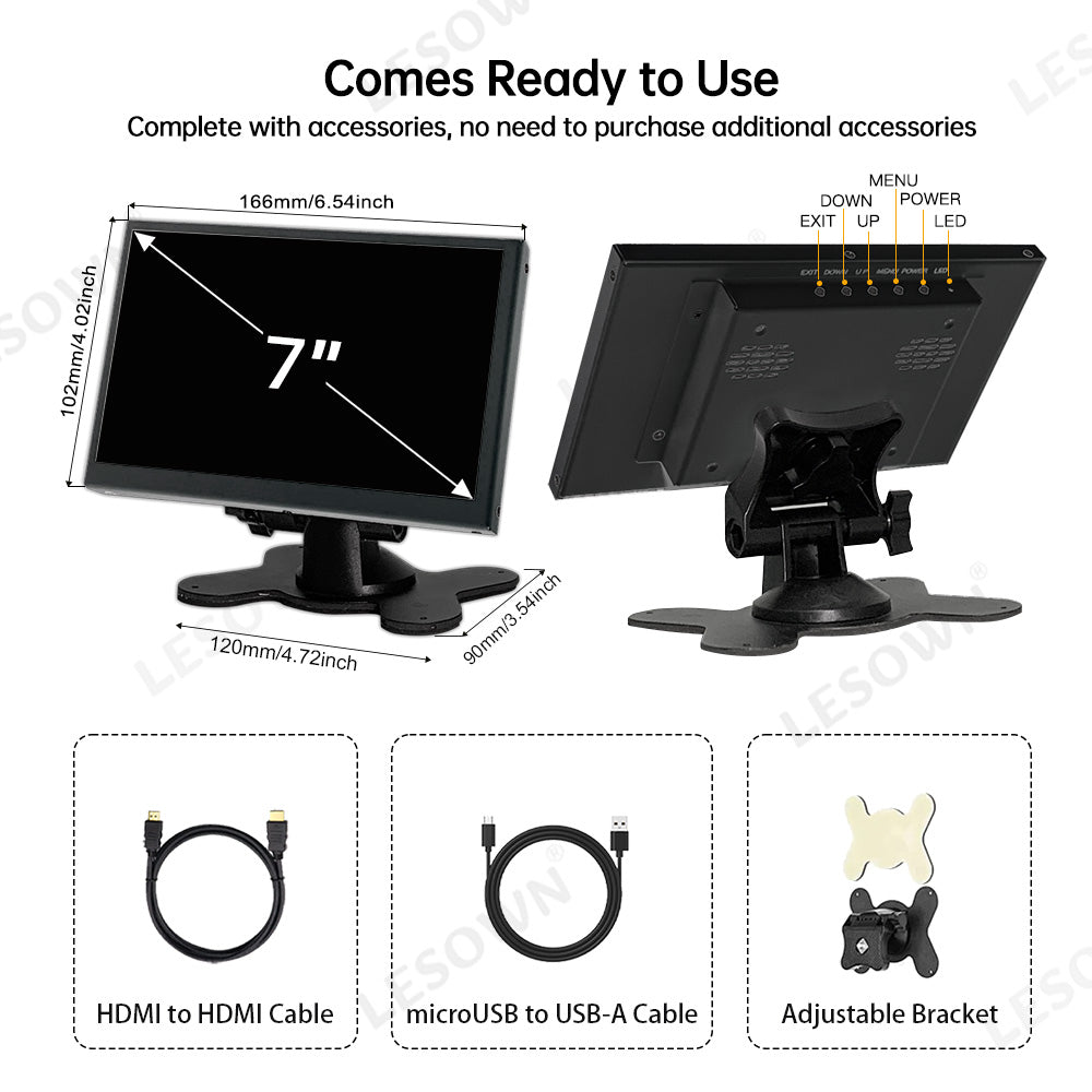 LESOWN 7 inch 1024×600 IPS 5-Point Touchscreen Display with Stand – HDMI/microUSB, Plug & Play N70-A01GWS