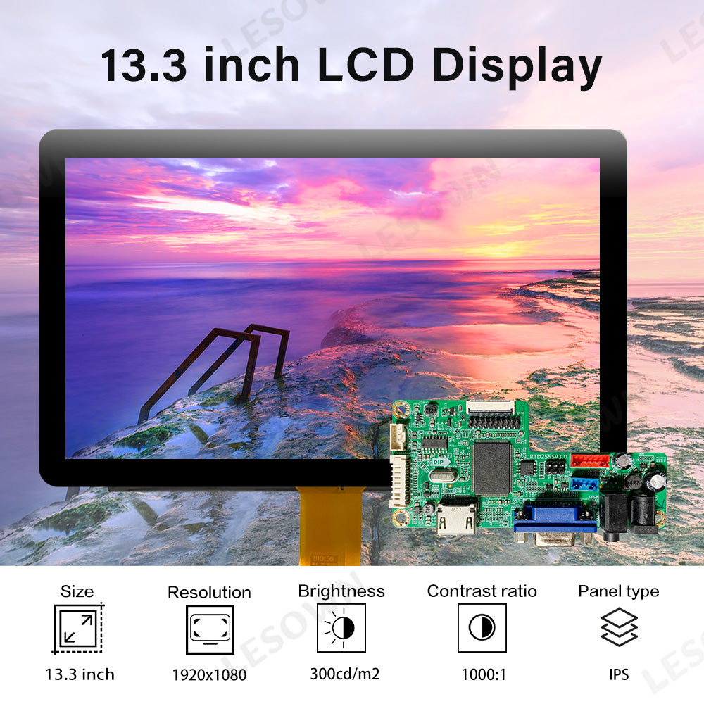LESOWN M133-A01T Touch Screen  13.3 inch 1920x1080 IPS FHD HDMI VGA Ports LCD Panel eDP 30PIN Interface Wide External Display Module