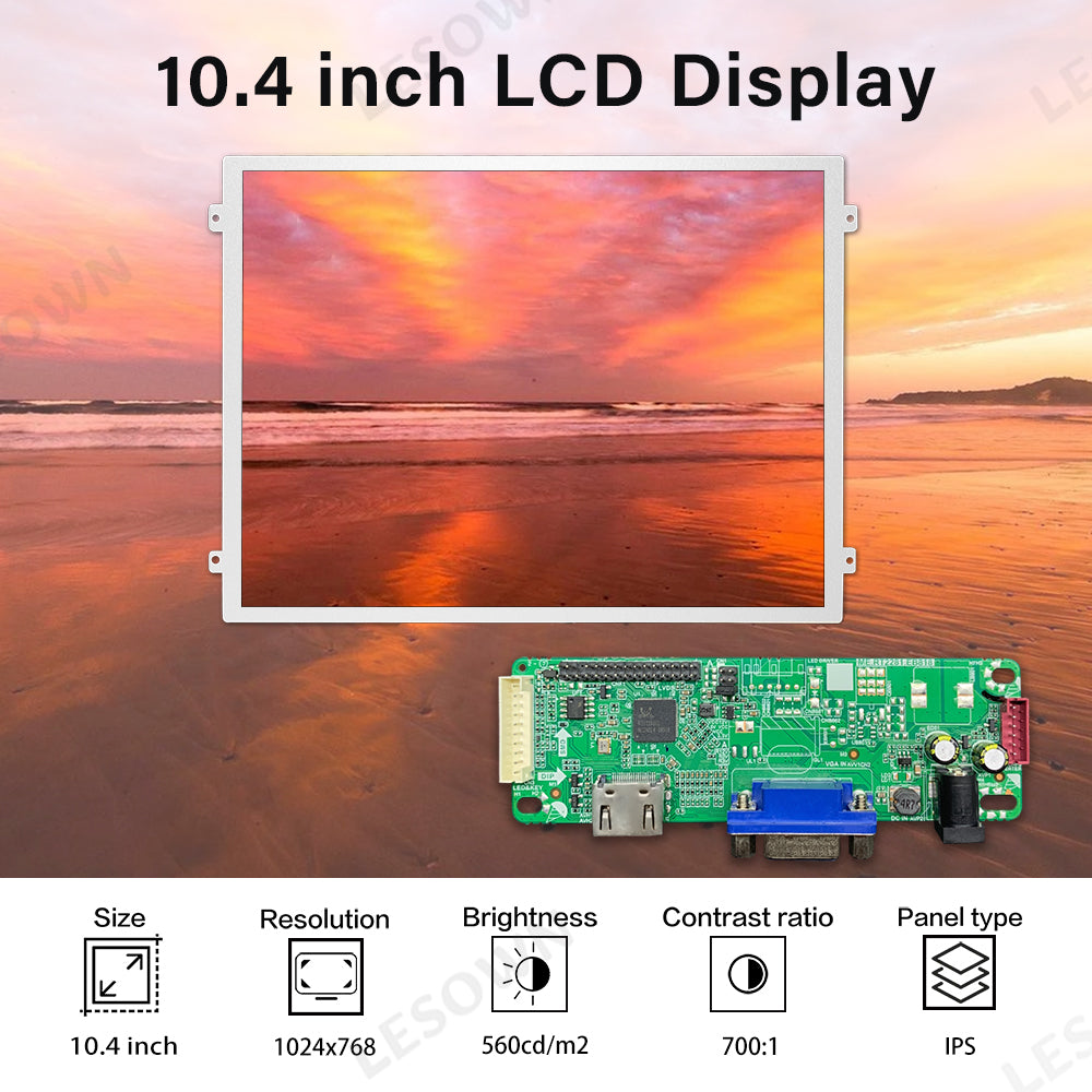 LESOWN M104-A01S Small Wide Screen 10.4 inch 560cd/m2 HD 1024x768 IPS LCD DIsplay HDMI VGA Ports Module for Medical Equipment PC Laptop