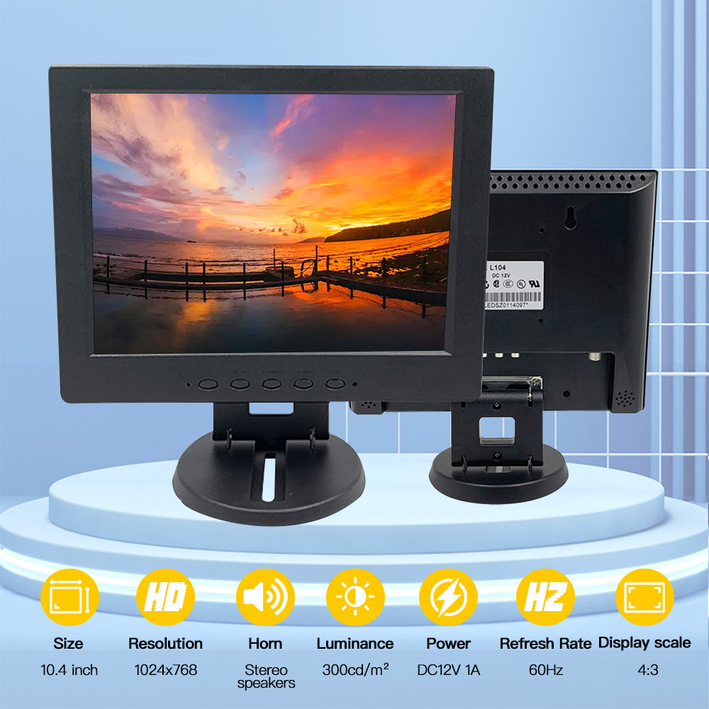 LESOWM N104 10.4 inch VGA Monitor Full HD 1024x768 LCD  Screen VESA Display with Speakers Plastic Shell Black White