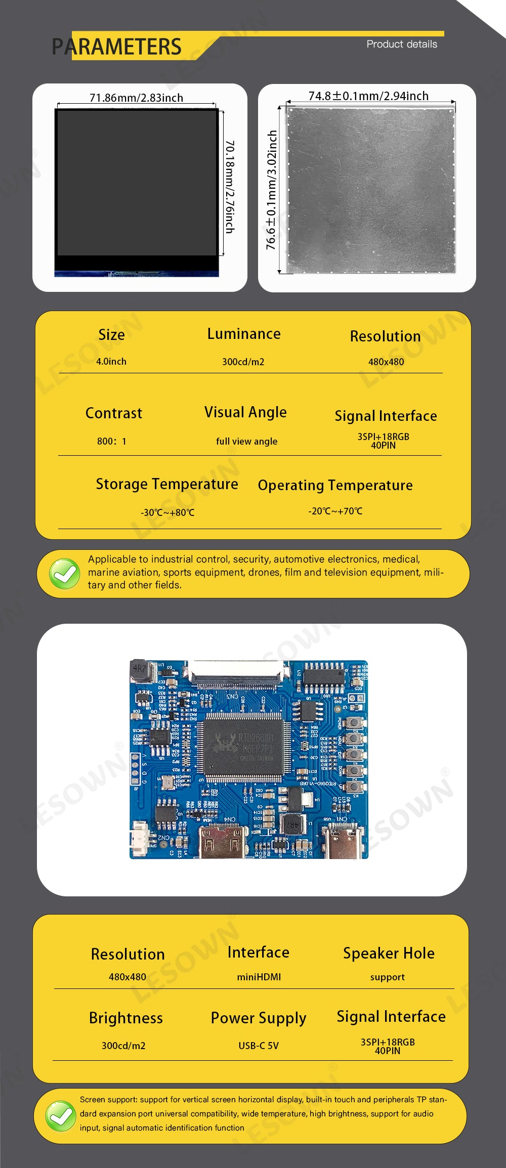 LESOWN M40-A01S  Small LCD Screen 4 inch HDMI 720x720 IPS HD Resolution USB C Tiny Compact Display Module for PC Camera Medical Equipment