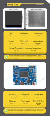 LESOWN M40-A01S  Small LCD Screen 4 inch HDMI 720x720 IPS HD Resolution USB C Tiny Compact Display Module for PC Camera Medical Equipment