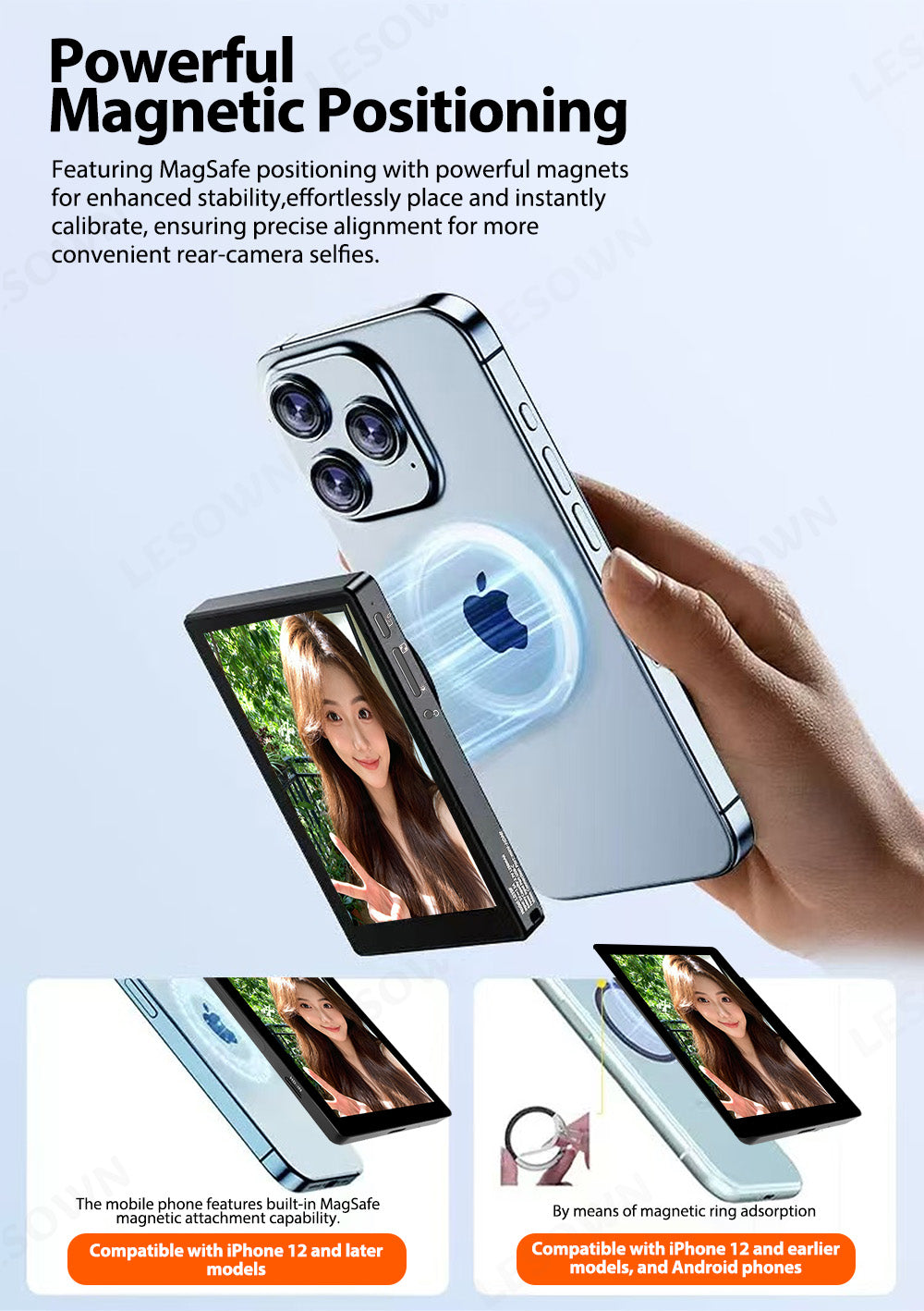 LESOWN P40MB 4 Inch 480x800 IPS LCD Small Wireless Selfie Monitor  Magnetic Phone Vlog Selfie Monitor Screen for iPhone & Android