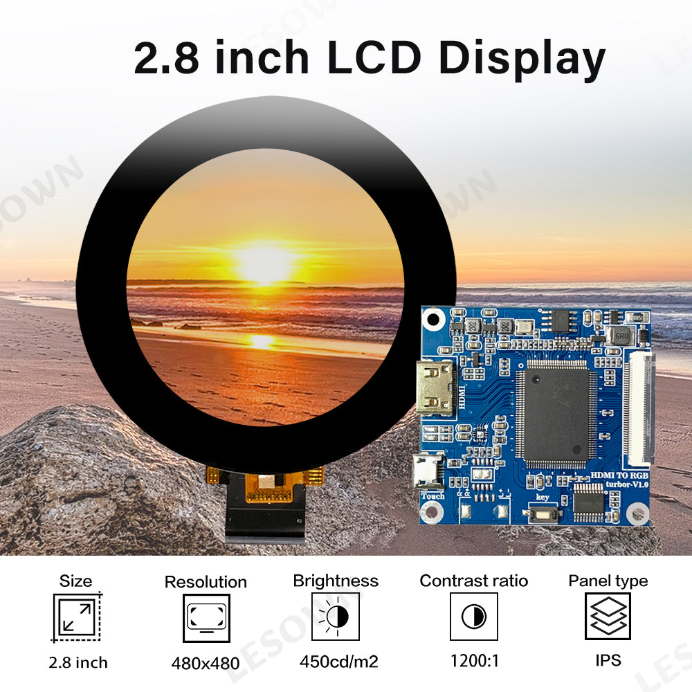 LESOWN M28-A01T mini Touch Screen 2.8 inch 480x480 IPS 1200x1 HDMI SPI3W-RGB 40PIN Interface LCD Display Module for PC Computer Visual Doorphone
