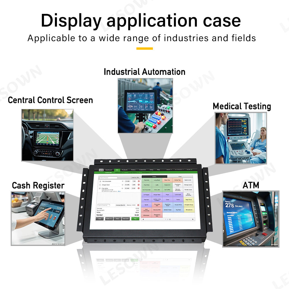LESOWN E120-C03GBR High-Durability 12in 1280x800 16:10 Industrial Embedded Open Frame Monitor with VGA/HDMI/USB/Audio for Harsh Environments