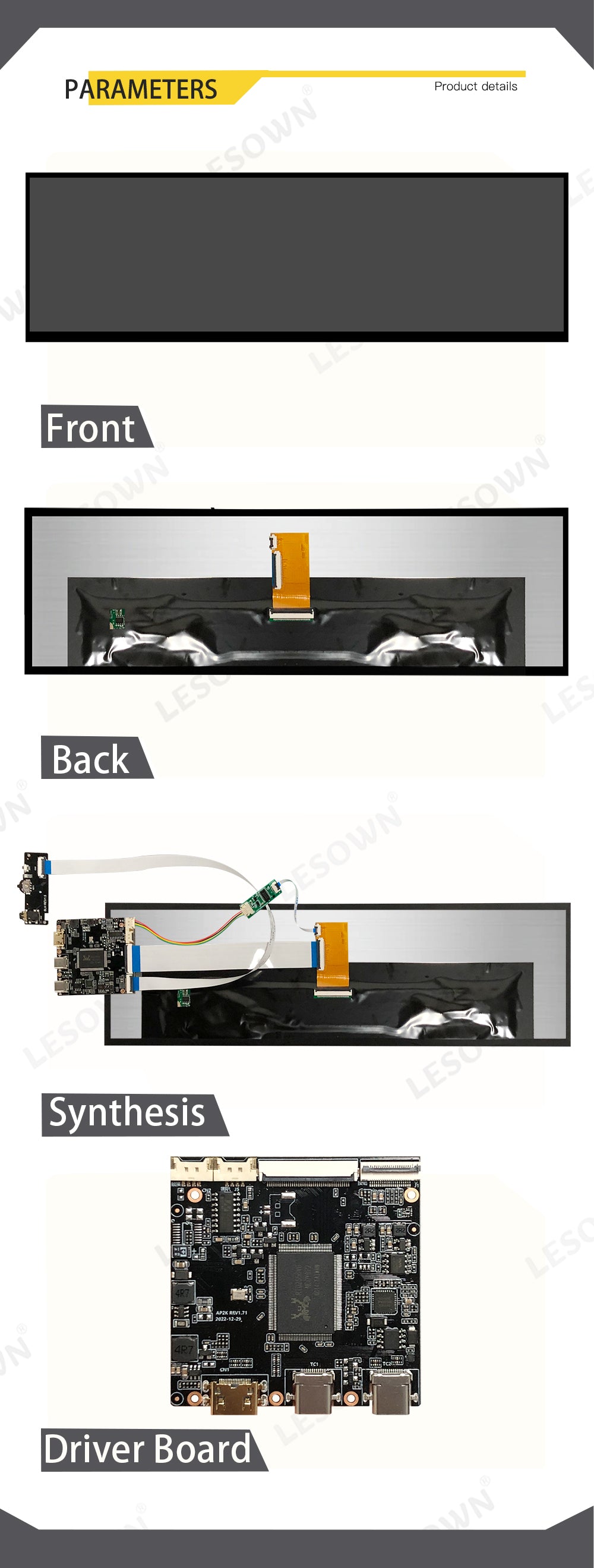 LESOWN M145-A01T Long Stretched Screen 14.5 inch IPS Touch 2560x720 QHD 1500:1 USB-C HDMI Strip Bar Secondary Display LCD Panel Module
