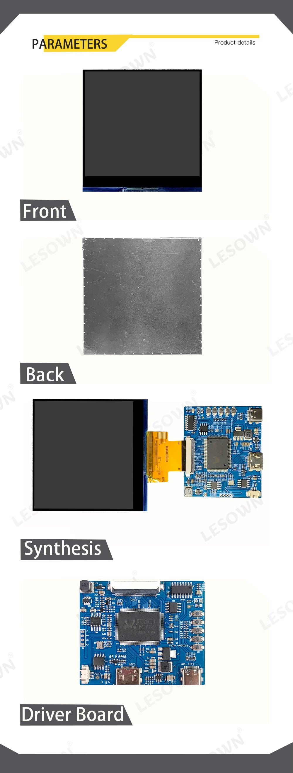 LESOWN M40-A01S  Small LCD Screen 4 inch HDMI 720x720 IPS HD Resolution USB C Tiny Compact Display Module for PC Camera Medical Equipment