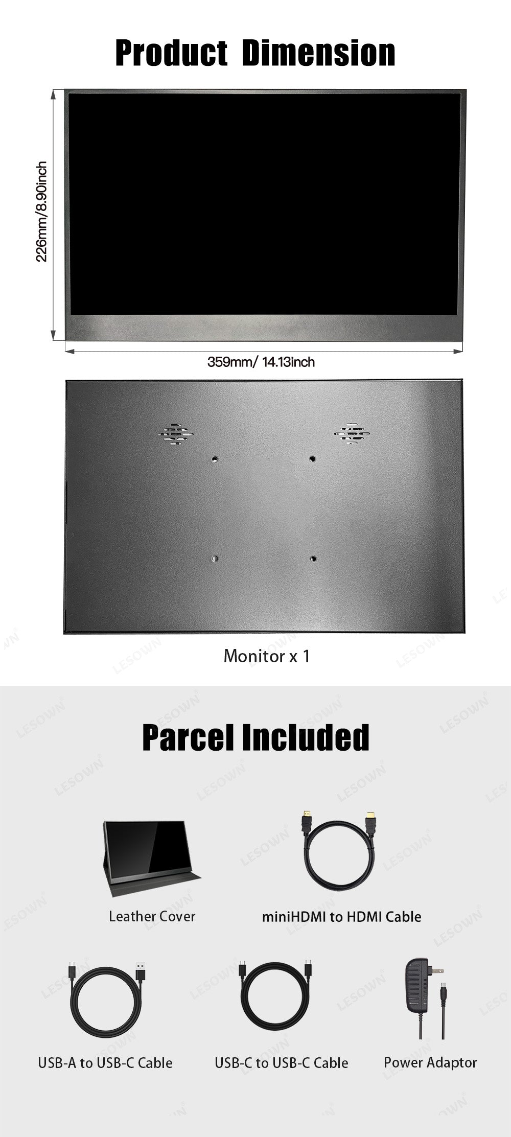 LESOWN P133G 3840x2160 4K UHD 13.3 inch Type-C Monitor IPS LCD HDMI Widescreen Laptop PC Auxiliary Screen Display