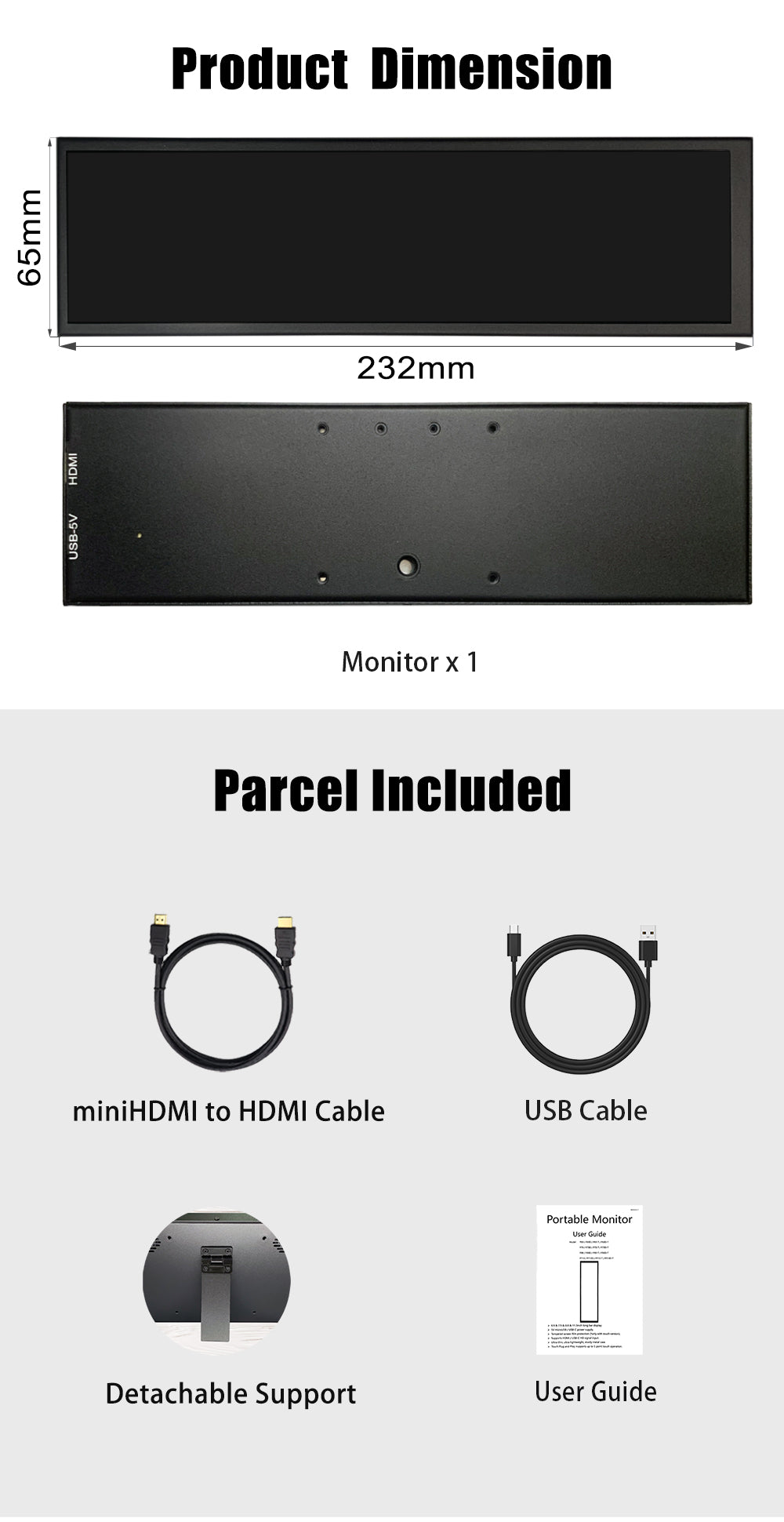 LESOWN P88 8.8 inch Streched Bar LCD Display IPS 480x1920 Hdmi Portable Monitor Laptop PC Screen Extender