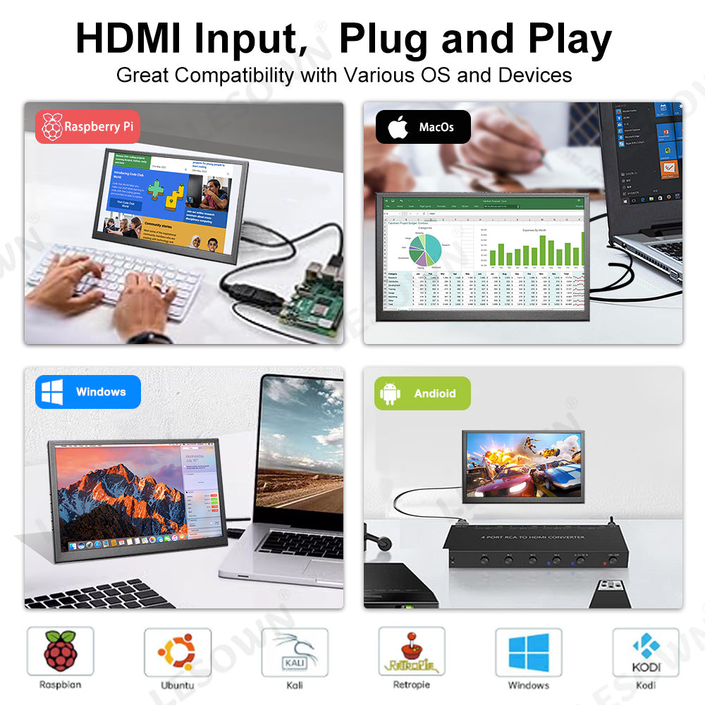 LESOWN P101C 10.1 inch Portable Monitor mini HDMI 1024x600 Portable Display with Speakers for PC Windows