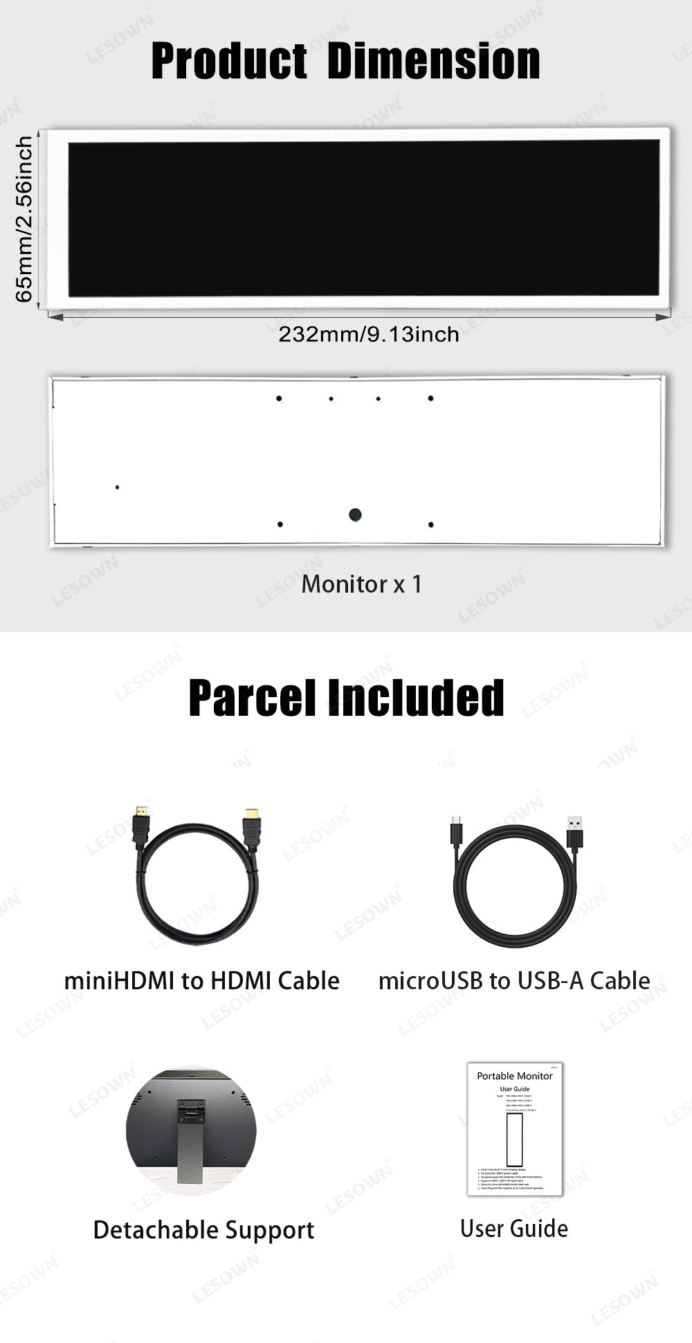 LESOWN P88W Stretched Monitor 8.8 inch IPS widescreen 480x1920 Portable Monitor Laptop PC Screen Extender