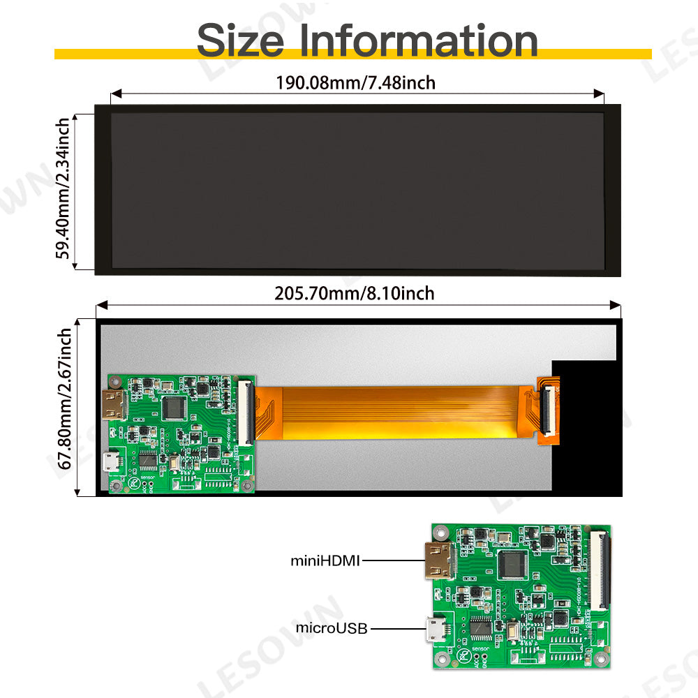 LESOWN M79-A01S Long Bar Screen 7.84 inch Display HDMI USB Powered 400x1280 HD Resolution IPS LCD Panel 500cd/m2 High Brightness Module