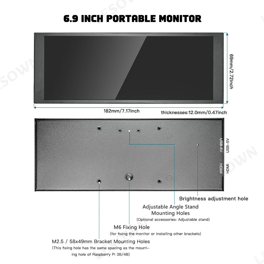 LESOWN P69 6.9 inch Additional Long HDMI Monitor for RPi 1280x480 IPS Bar LCD Display PC Temperature Monitoring Aida64