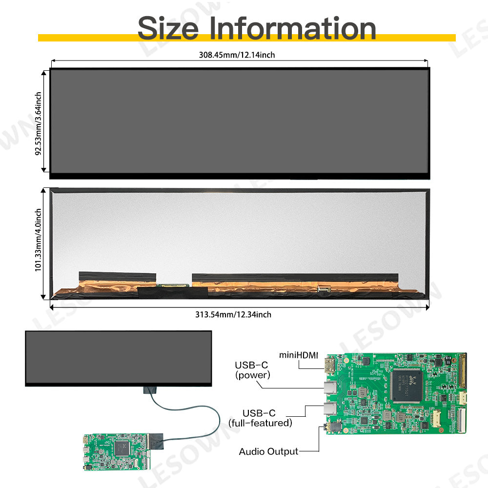 LESOWN M127-A01S 12.7 inch 2.5K Long Screen USB-C HDMI 500cd/m2 High Brightness 1200:1 Full Viewing 2880x864 IPS LCD Panel DIsplay Module