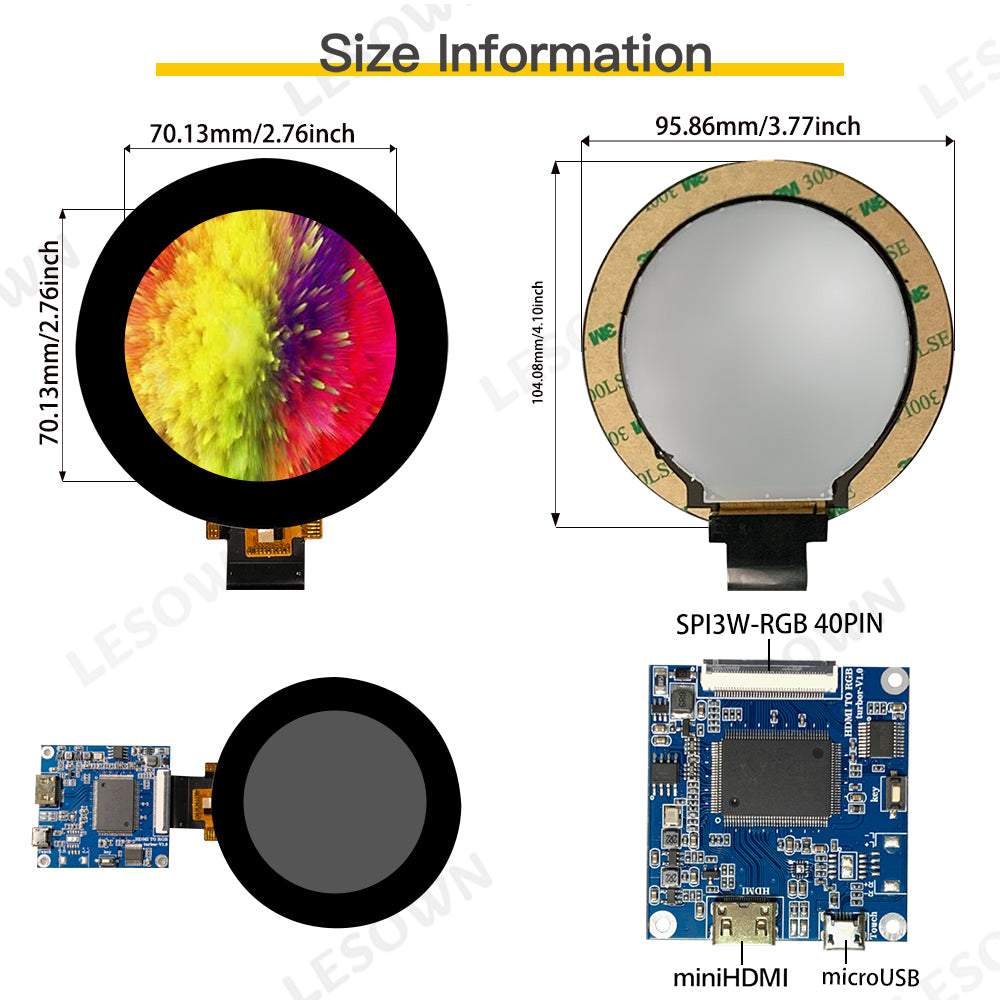 LESOWN M28-A01T mini Touch Screen 2.8 inch 480x480 IPS 1200x1 HDMI SPI3W-RGB 40PIN Interface LCD Display Module for PC Computer Visual Doorphone