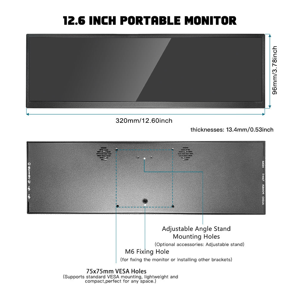 LESOWN P126GPT 12.6 inch USB C Stretched Bar LCD Monitor HDMI Touchscreen Portable Display Extended