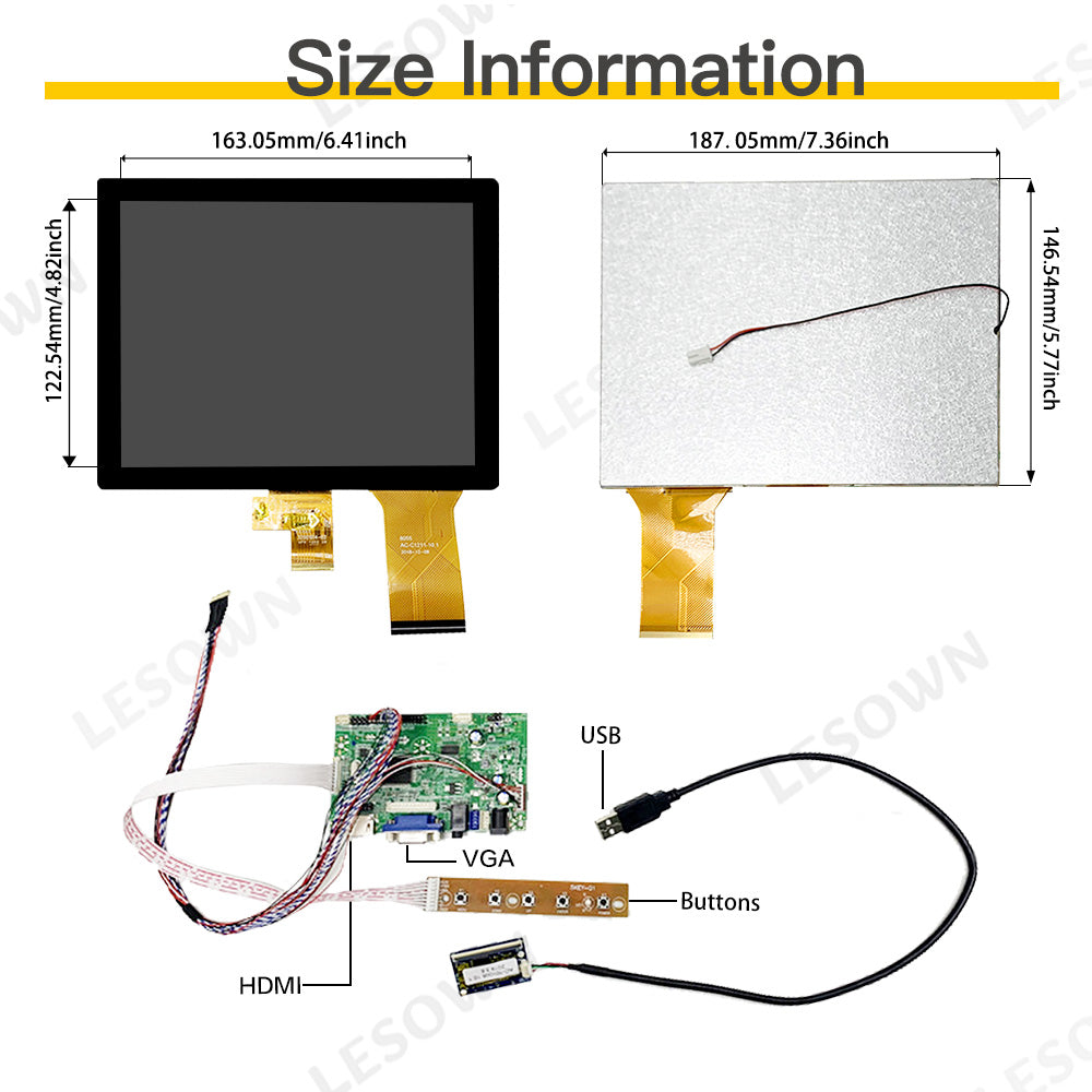 LESOWN M80-A01T Small Screen 8 inch HDMI VGA Ports 1024x768 TN Capacitive Touch Display LVDS Interface DC12V 1A Module for PC Printer