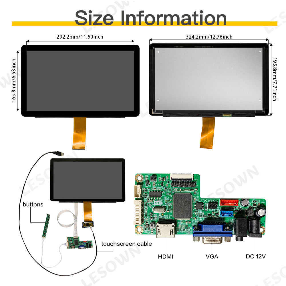 LESOWN M133-A01T Touch Screen  13.3 inch 1920x1080 IPS FHD HDMI VGA Ports LCD Panel eDP 30PIN Interface Wide External Display Module