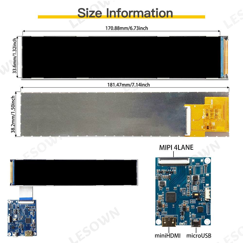 LESOWN M71-A01S LCD Panel Display Long Strip Slim Screen 7.1 inch 280x1424 IPS HDMI 400cd/m2 MIPI 4LANE Interface Module with Driver Board