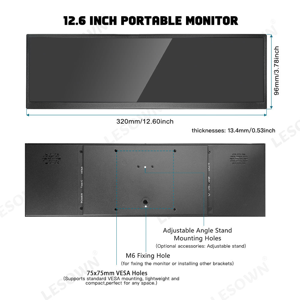 LESOWN P126GPS 12.6 inch Secondary Screen 1920x515 IPS HDMI Bar LCD Monitor