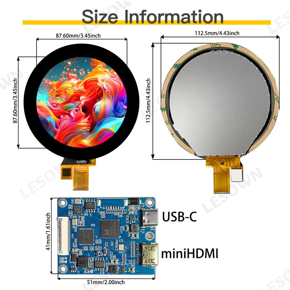 LESOWN M34-A01T 3.4 inch mini Touch Screen HD 800x800 IPS HDMI USB C LCD Panel Module Circular Display with Driver Board for Laptop