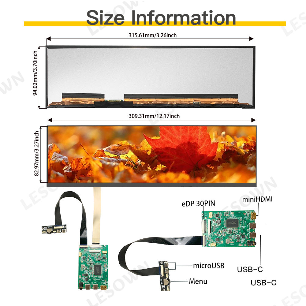 LESOWN M126-A01S 12.6 inch Bar Screen 1920x515 LCD Display Capacitive Touch IPS 1200:1 USB-C HDMI Modules with Driver Board eDP 30PIN Interface