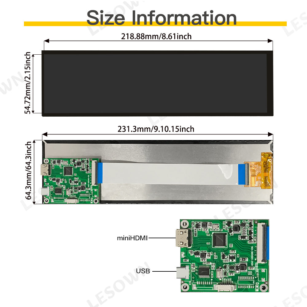 LESOWN M88-A01S/M88-A01T 8.8" Bar Monitor 480x1920 IPS Stretched LCD Expand Display for PC Case Raspberry Pi AIDA64