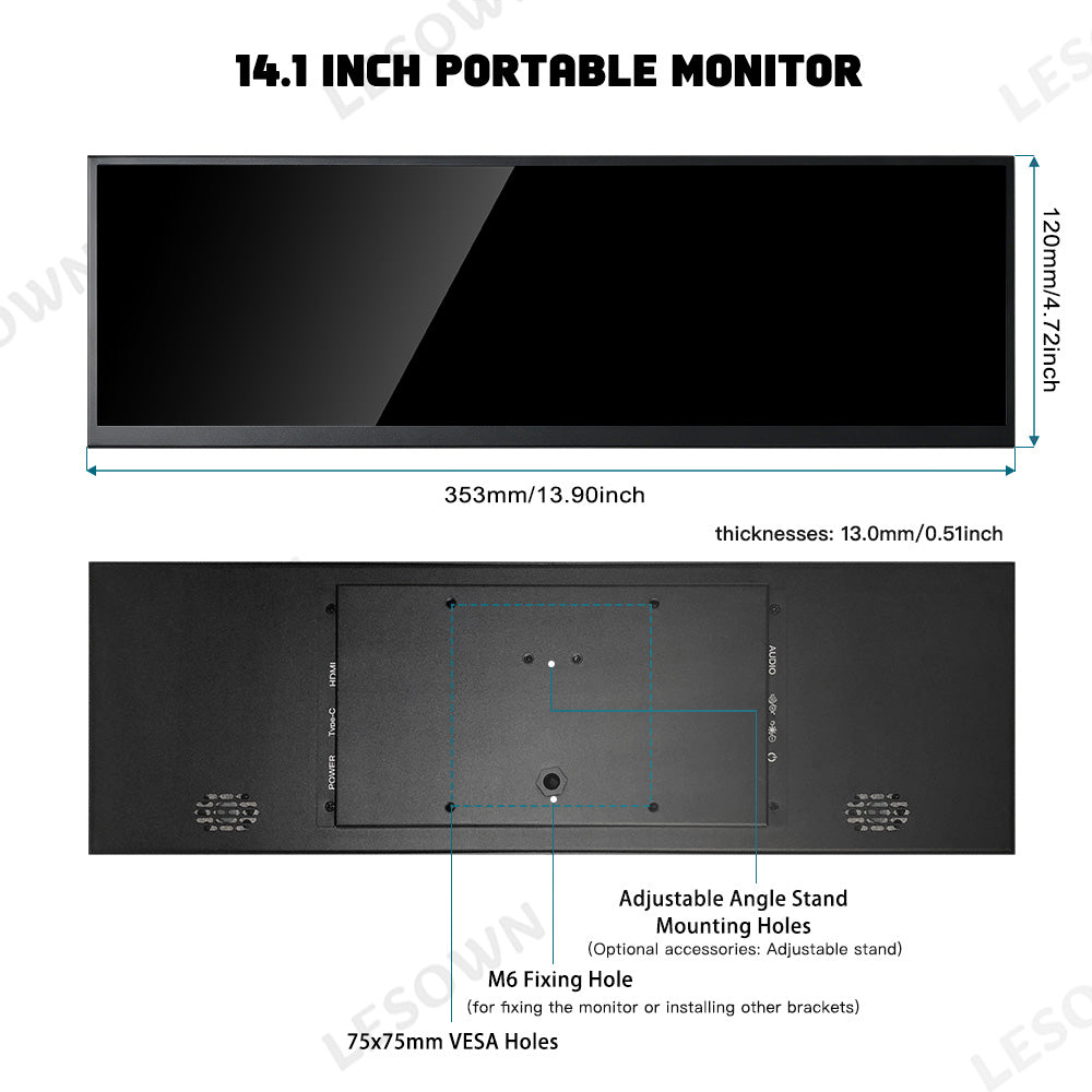 LESOWN P141GMT 14.1 inch 4K Long Bar Monitor Wide Touch USB C HDMI PC External Bar Monitor