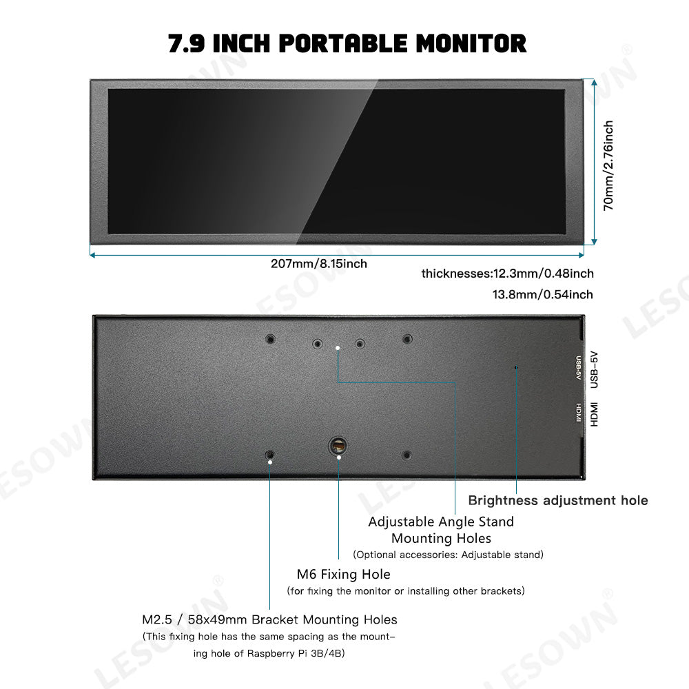 LESOWN P79-T 7.9 inch 400×1280 Stretched Bar LCD Touch Screen Monitor PC Temperature Monitoring RPi