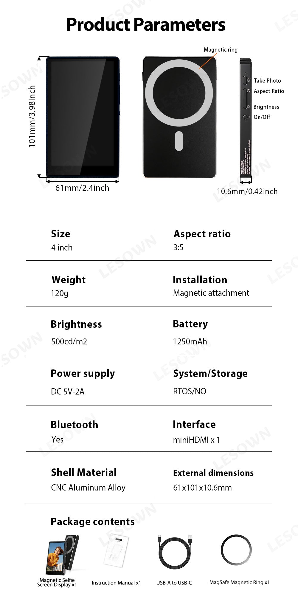 LESOWN P40MB 4 Inch 480x800 IPS LCD Small Wireless Selfie Monitor  Magnetic Phone Vlog Selfie Monitor Screen for iPhone & Android
