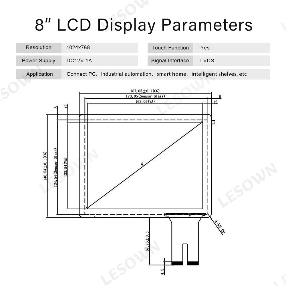 LESOWN M80-A01T Small Screen 8 inch HDMI VGA Ports 1024x768 TN Capacitive Touch Display LVDS Interface DC12V 1A Module for PC Printer