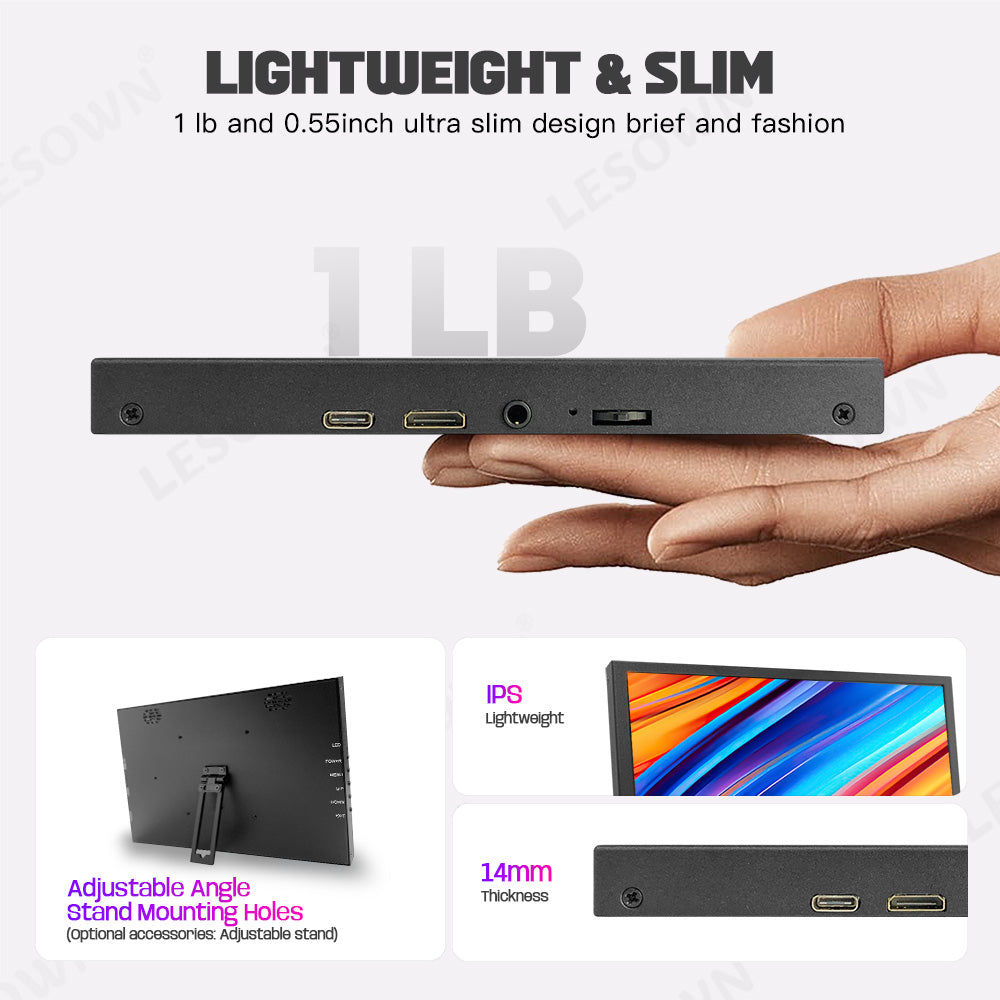 LESOWN P101D-T Small USB C 10.1 inch Monitor 1024x600 Touchscreen Display Aida64 PC Temperature Monitoring