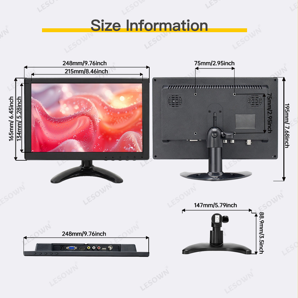 LESOWN N101 10.1 inch Car Monitor HDMI VGA LCD Screen Small Size Display for TV Computer PC Home Security Backup Camera
