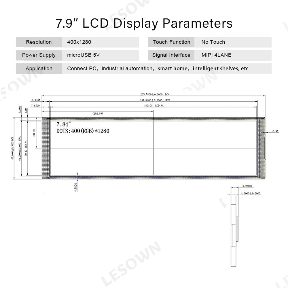 LESOWN M79-A01S Long Bar Screen 7.84 inch Display HDMI USB Powered 400x1280 HD Resolution IPS LCD Panel 500cd/m2 High Brightness Module