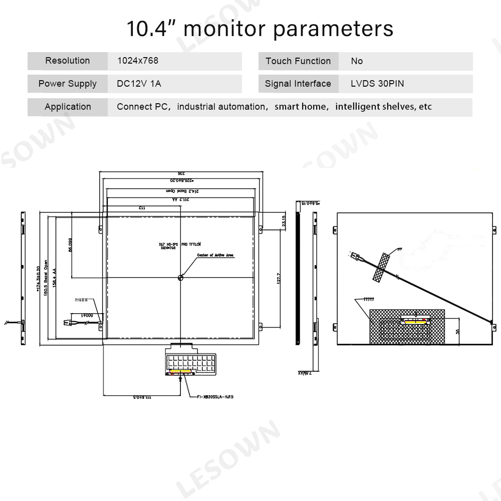 LESOWN M104-A01S Small Wide Screen 10.4 inch 560cd/m2 HD 1024x768 IPS LCD DIsplay HDMI VGA Ports Module for Medical Equipment PC Laptop