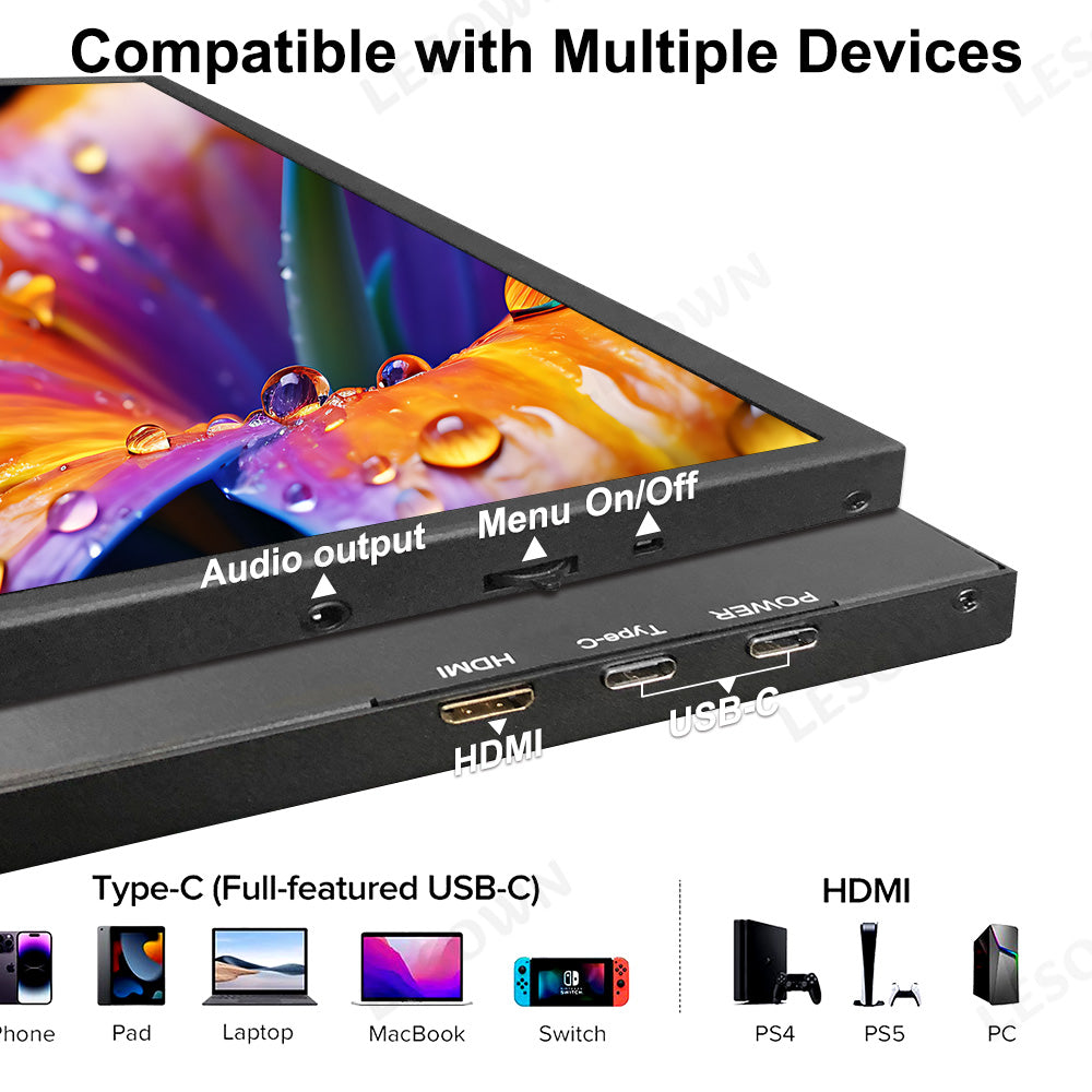 LESOWN P101DP P101DP-T 10.1inch 1280x800 IPS LCD Portable Display Mini Secondary Monitor USB‑C Side Screen Compact Display for Laptop Plug & Play