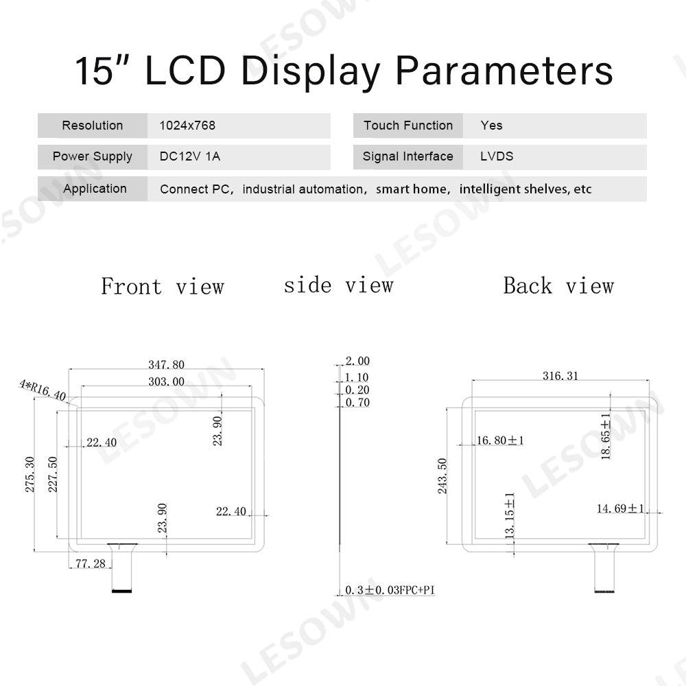LESOWN M150-A01T HD 1024x768 IPS Wide Screen 15 inch 1500:1 Full Viewing HMDI VGA LCD Touchscreen Display Module for Intelligent Central Control