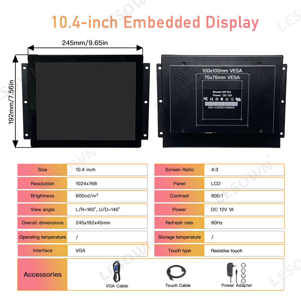 LESOWN E104-A01GBR 10.4 Inch Industrial Embedded Win-10 PC Monitor 1024x768 600cd/m² 4:3 Panel-Mount Monitor Rugged Touchscreen for TV PC