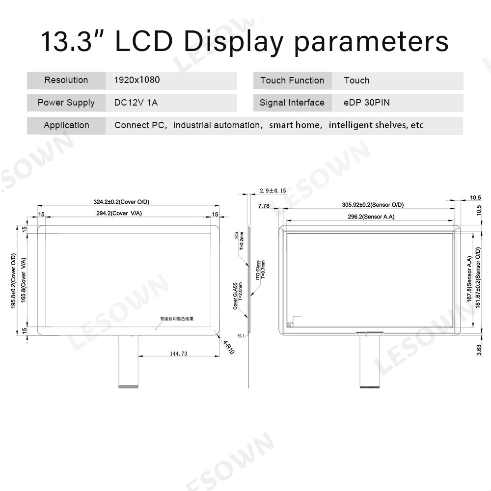 LESOWN M133-A01T Touch Screen  13.3 inch 1920x1080 IPS FHD HDMI VGA Ports LCD Panel eDP 30PIN Interface Wide External Display Module