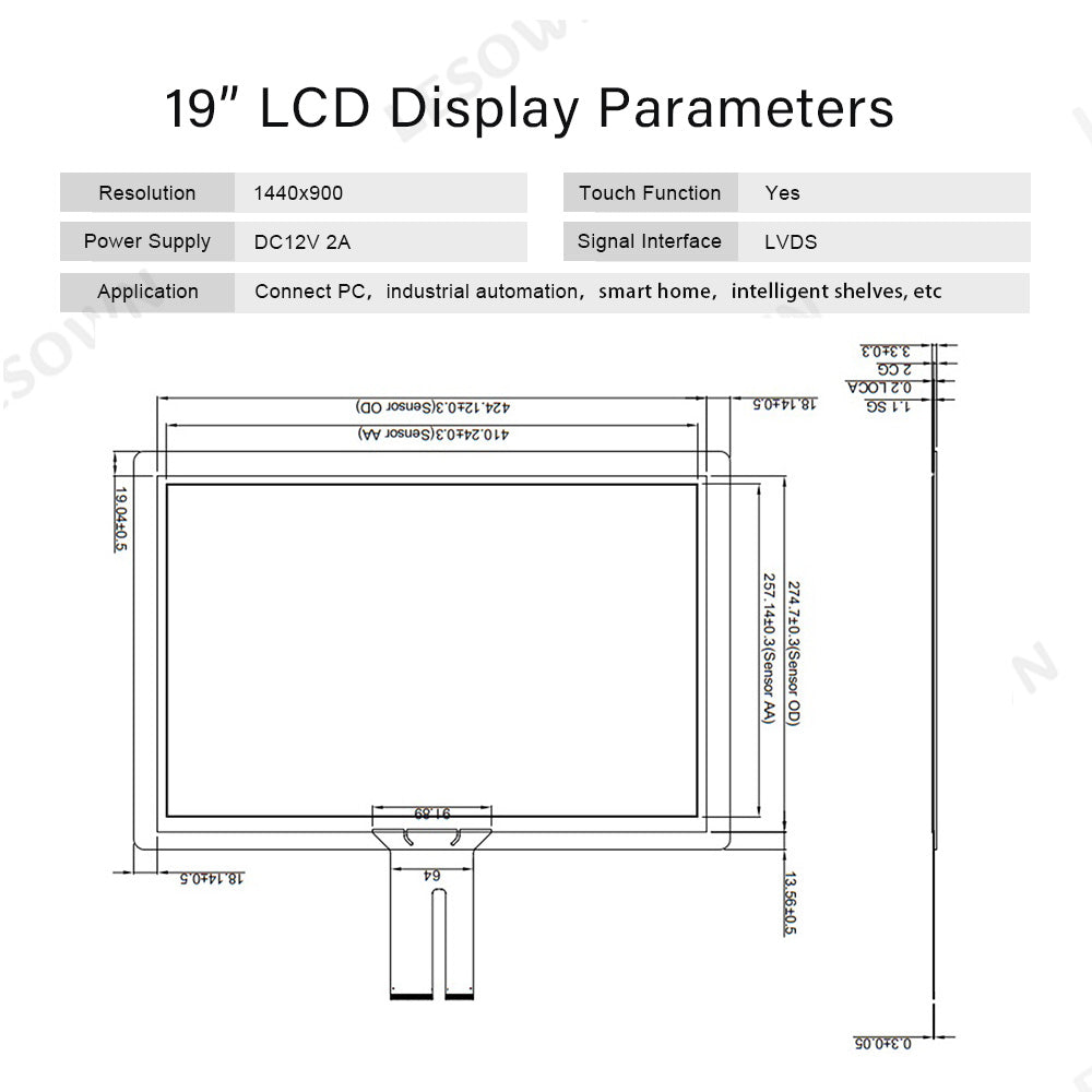 LESOWN M190-B01T 19 inch 1440x900 IPS LCD Capacitive Touch Display HDMI VGA Ultra Wide Screen 1000:1 LVDS Module with Driver Board