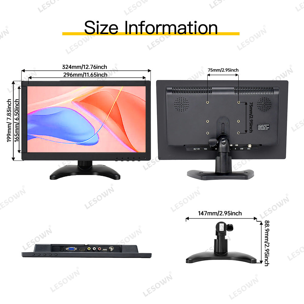 LESOWN N133 Widescreen 13.3 inch Full HD 1920x1080 IPS Screen LCD Monitor Video Input with Speakers
