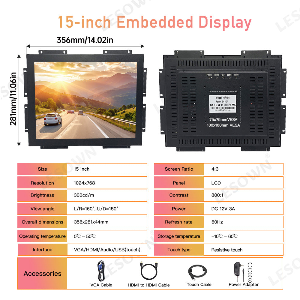 LESOWN E150-C01GBR Rugged Touchscreen Embedded Display 15 Inch 1024x768 LCD Open Frame Industrial Monitor with VGA HDMI Audio USB for Laptop