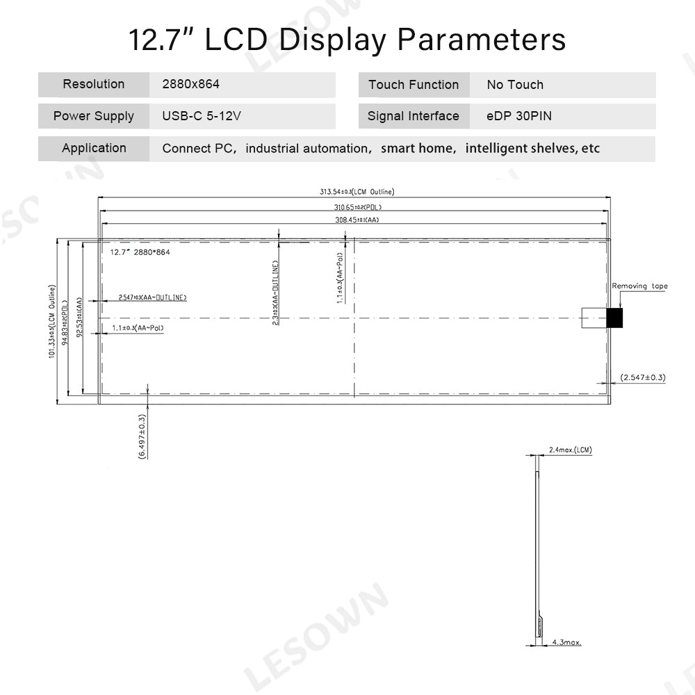 LESOWN M127-A01S 12.7 inch 2.5K Long Screen USB-C HDMI 500cd/m2 High Brightness 1200:1 Full Viewing 2880x864 IPS LCD Panel DIsplay Module