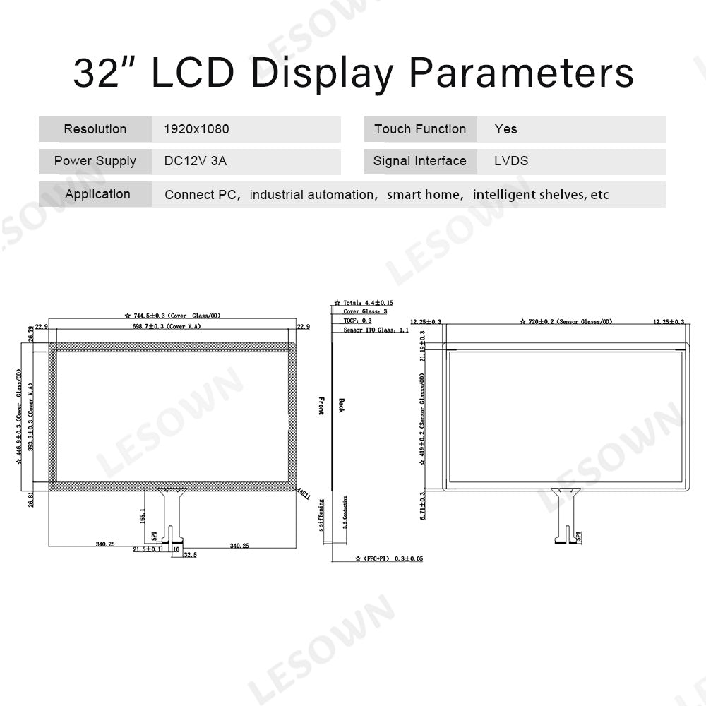 LESOWN M320-A01T 32 inch LCD Panel 1920x1080 IPS Full High Definition Touch Screen LVDS HMDI VGA DC12V 3A Display Module with Driver Board