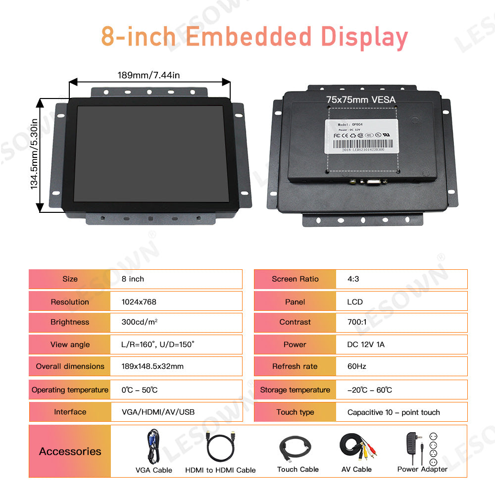 LESOWN E80-G01GBT Industrial Embedded Display 8inch 1024x768 10 Points Open Frame Touchscreen Monitor 4:3 LCD Screen for Factory Automation