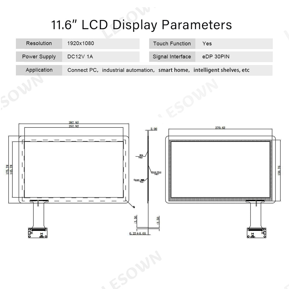 LESOWN M116-A01T  Small Display 11.6 inch USB Capacitive Touch HDMI VGA Full Viewing 1000:1 IPS 1920x1080 LCD Module with eDP 30PIN Interface