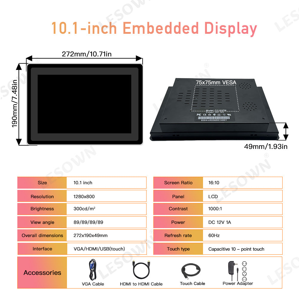 LESOWN E101-C01FET 10.1 Inch 1280x800 IPS LCD Embedded Industrial Monitor Factory Automation Display Panel Mount Display with VGA/HDMI/USB