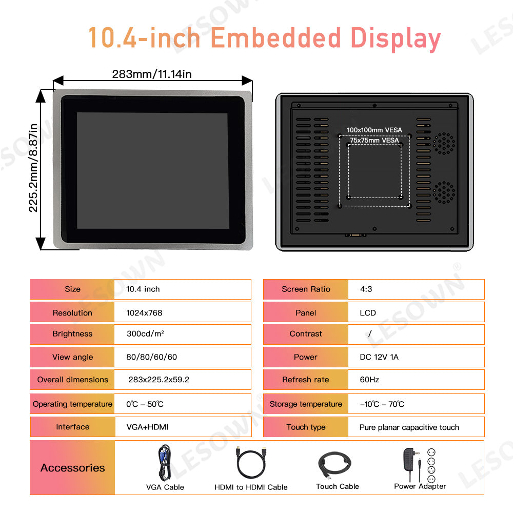 LESOWN E104-C01FET 10.4 Inch 1024x768 4:3 Industrial Embedded Display Metal Frame LCD Display with VGA+HDMI Built-in Speakers for TV CCTV